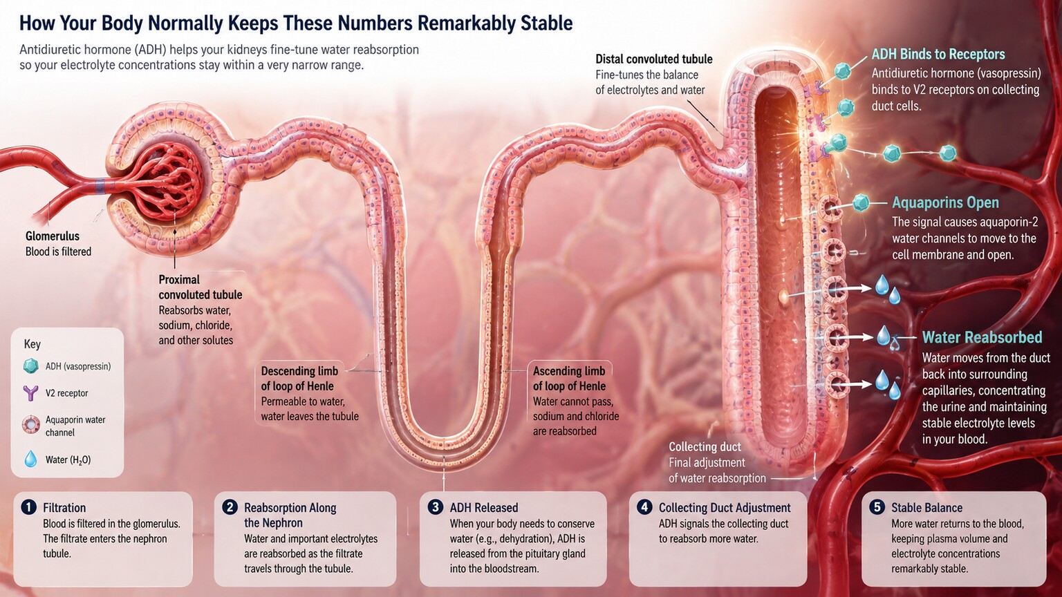 Scientific illustration of a kidney nephron and collecting duct responding to antidiuretic hormone to conserve water