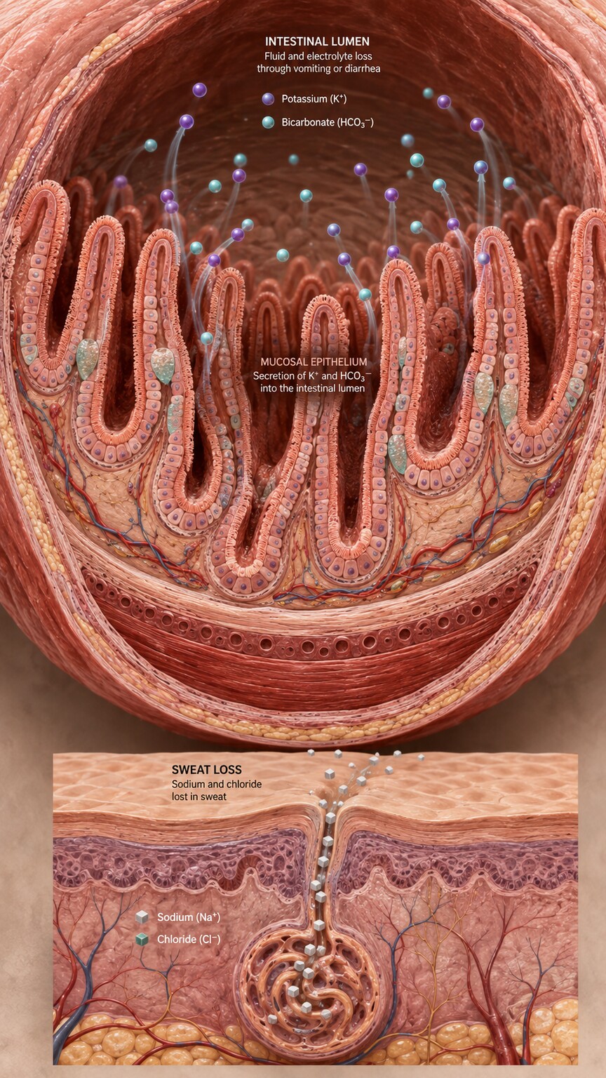 Medical illustration of the intestinal lining losing potassium and bicarbonate rich fluid during diarrhea