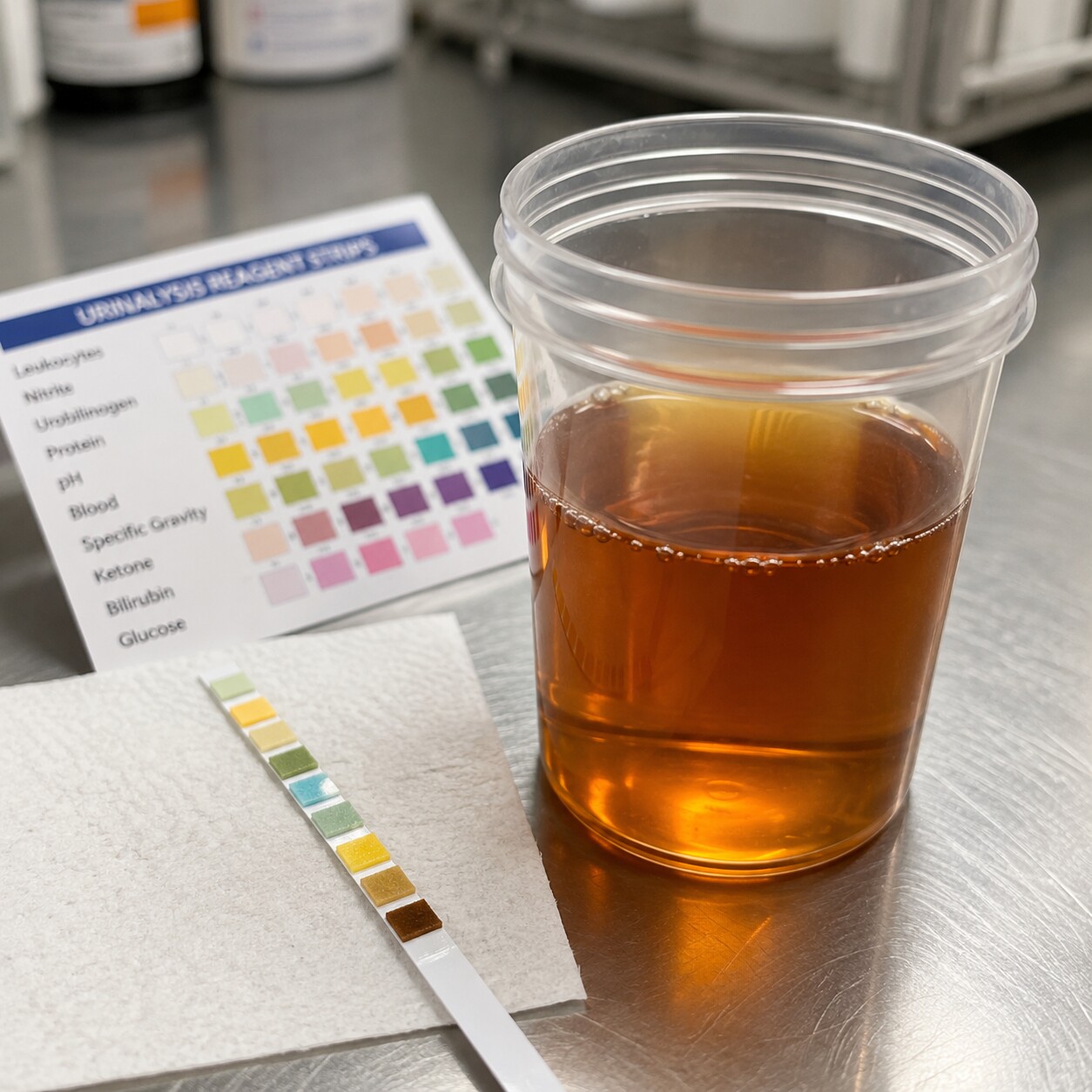 Clear urine collection cup showing dark, concentrated urine beside a specific gravity test strip