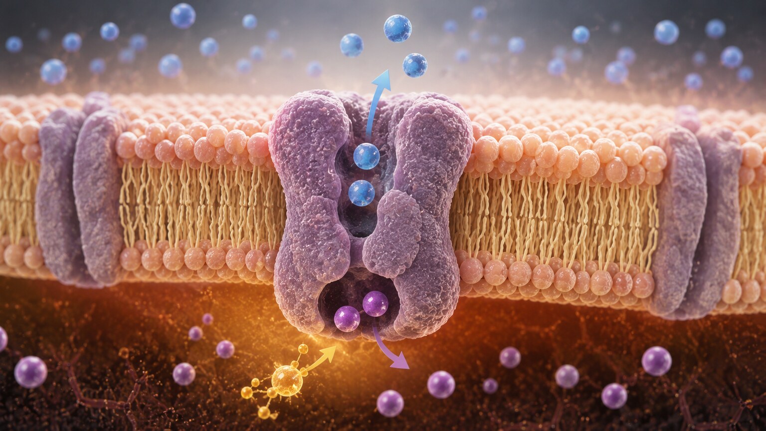 Scientific illustration of a cell membrane actively pumping sodium ions out and potassium ions in through a protein channel