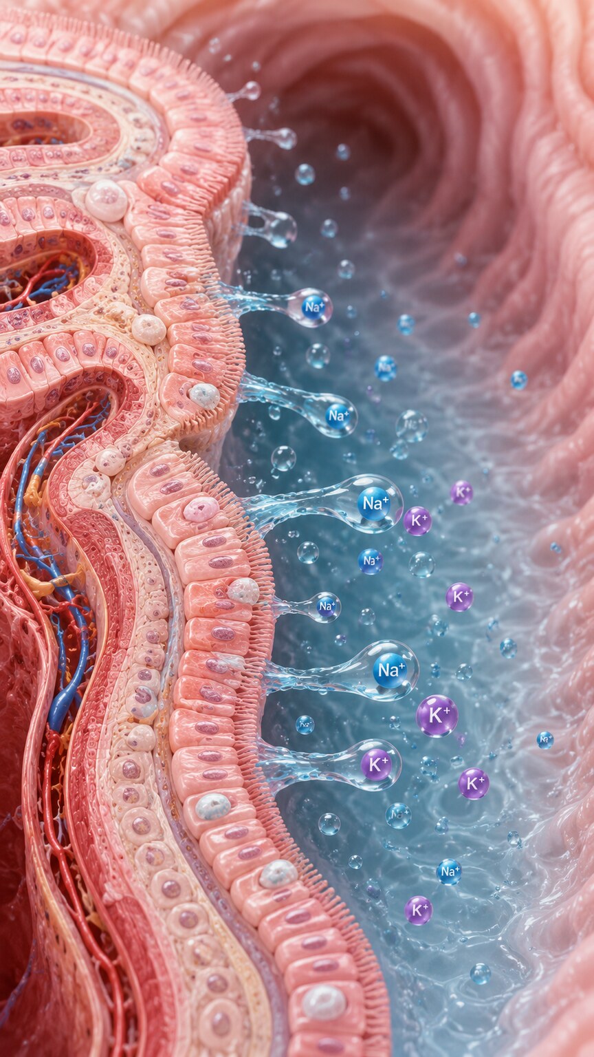 Scientific illustration of intestinal lining tissue releasing fluid and electrolyte particles into the digestive tract