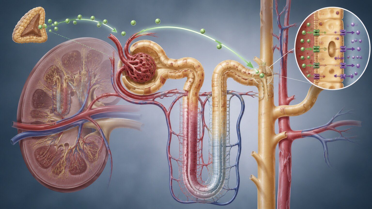 Scientific illustration of a kidney nephron with hormone signals directing sodium reabsorption and potassium excretion