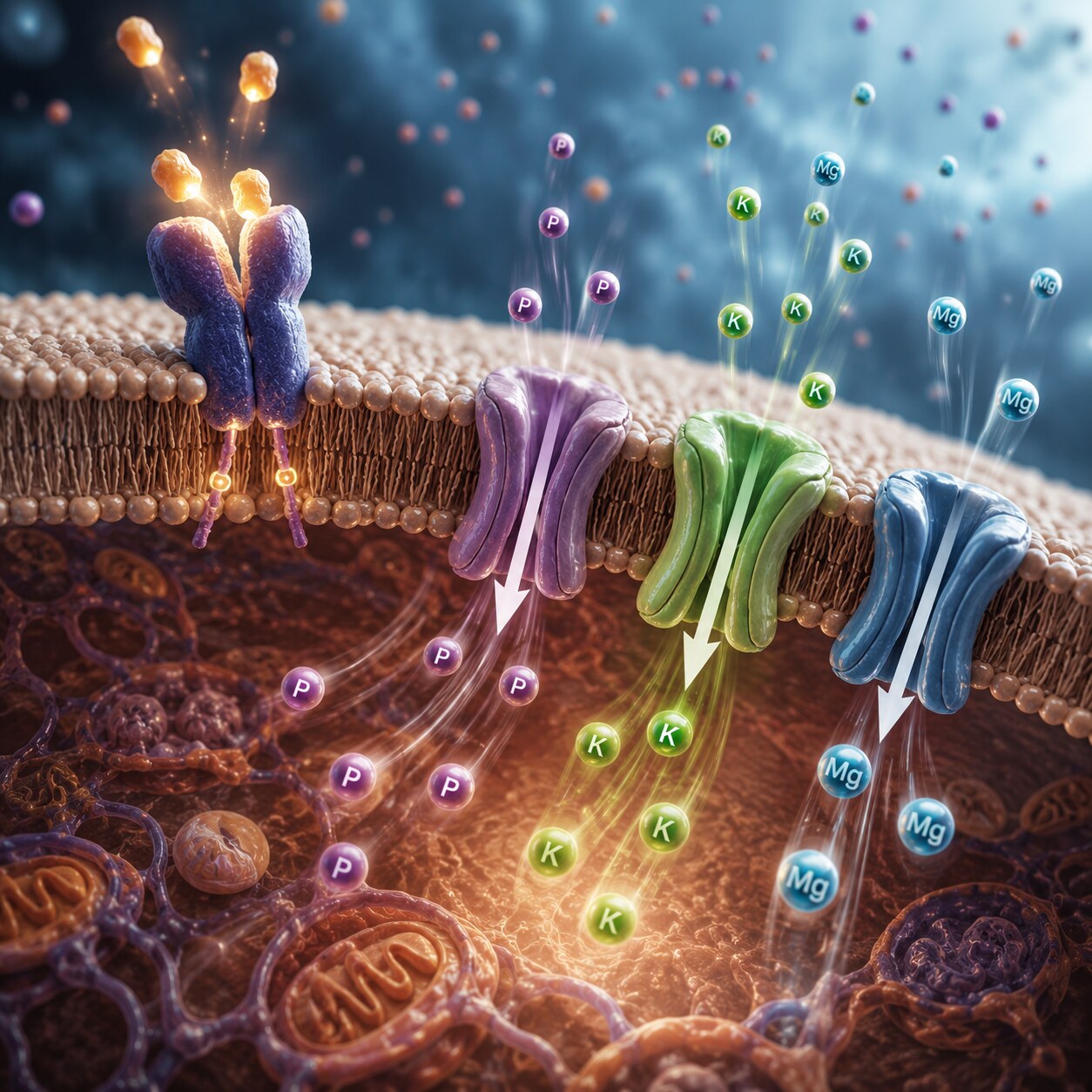 Scientific illustration of insulin triggering phosphate, potassium, and magnesium particles to rush from the bloodstream into cells