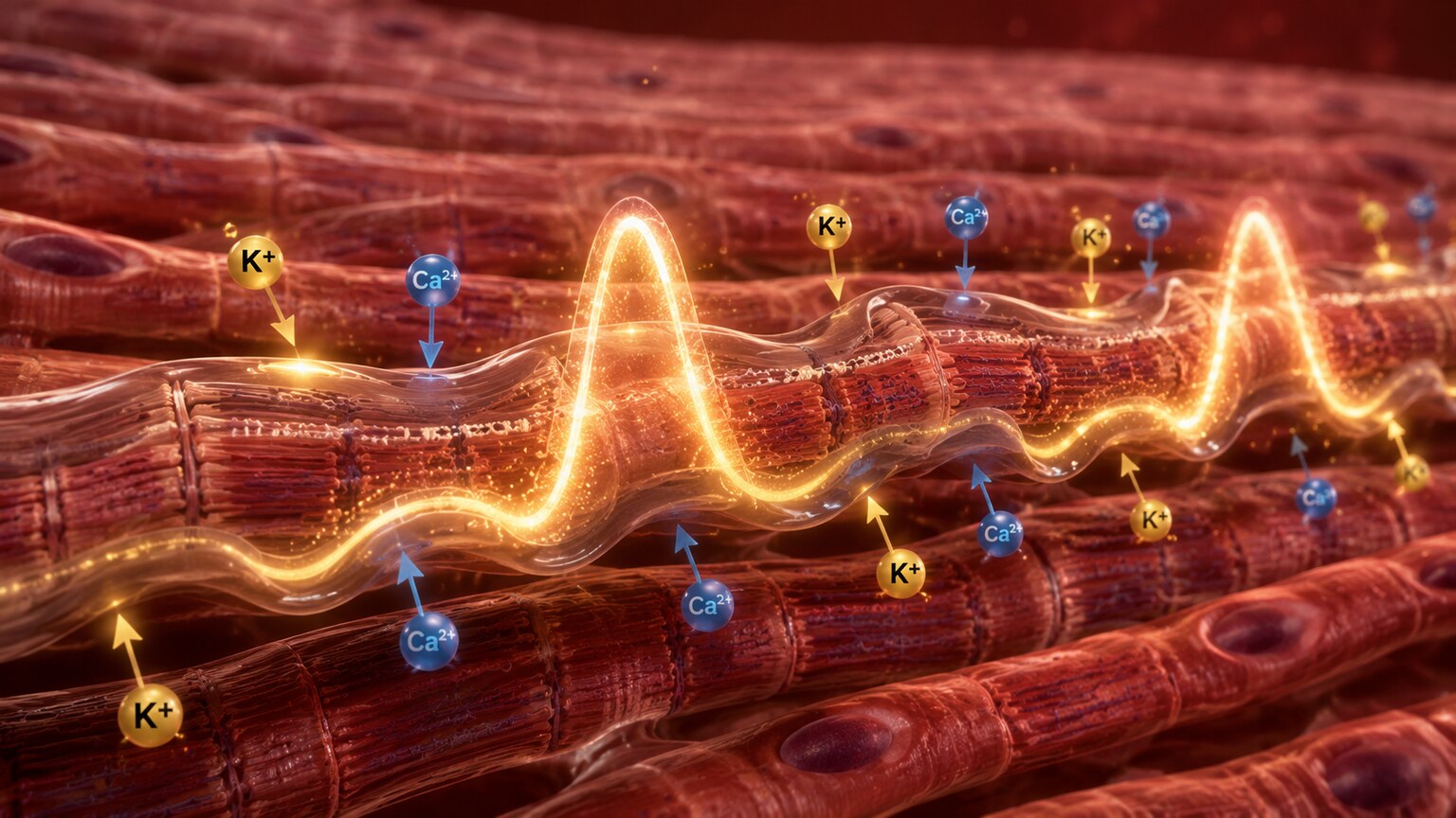 Scientific illustration of cardiac muscle tissue with a visible electrical signal pathway dependent on ion movement