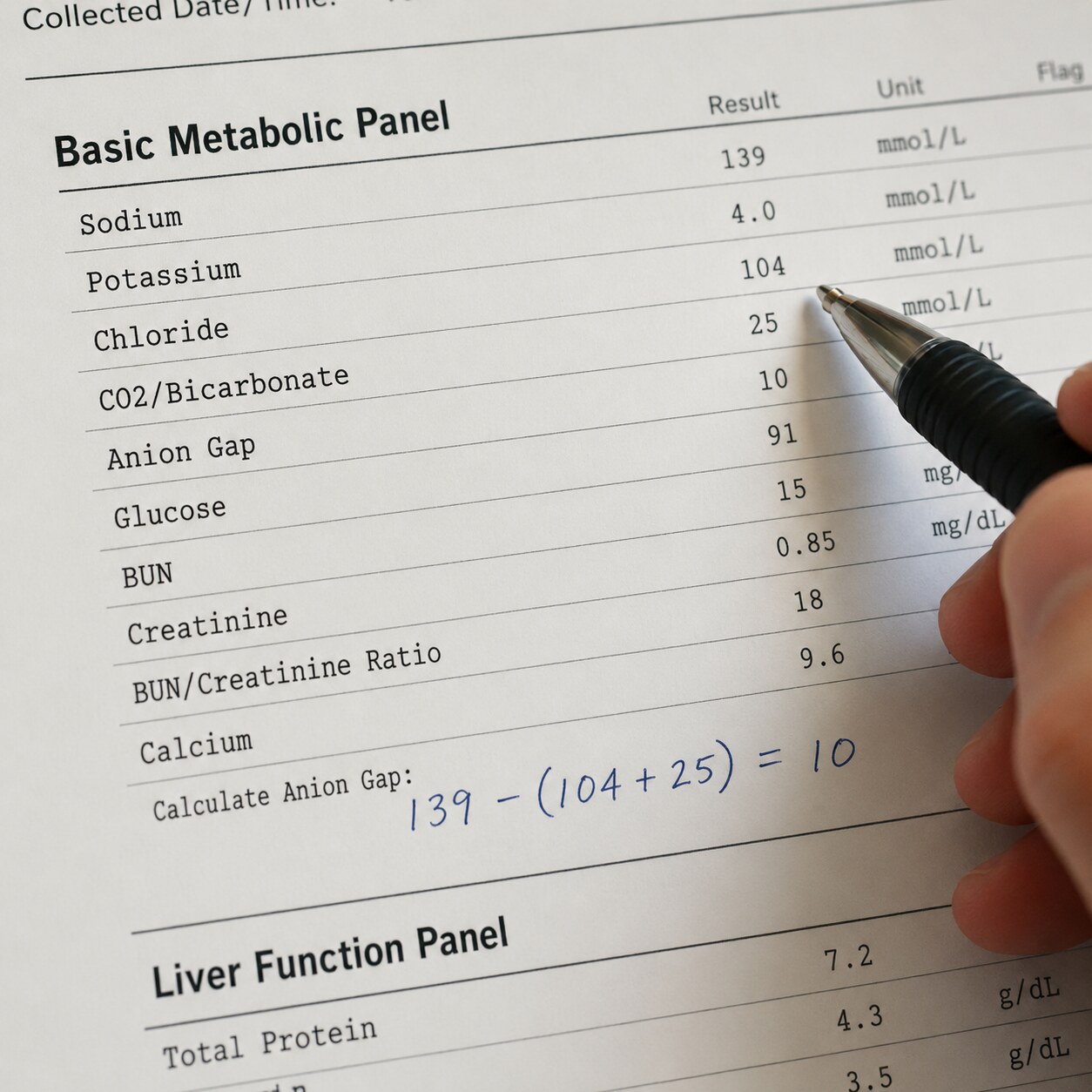Close-up of a printed lab report showing sodium, chloride, and bicarbonate values used to calculate the anion gap