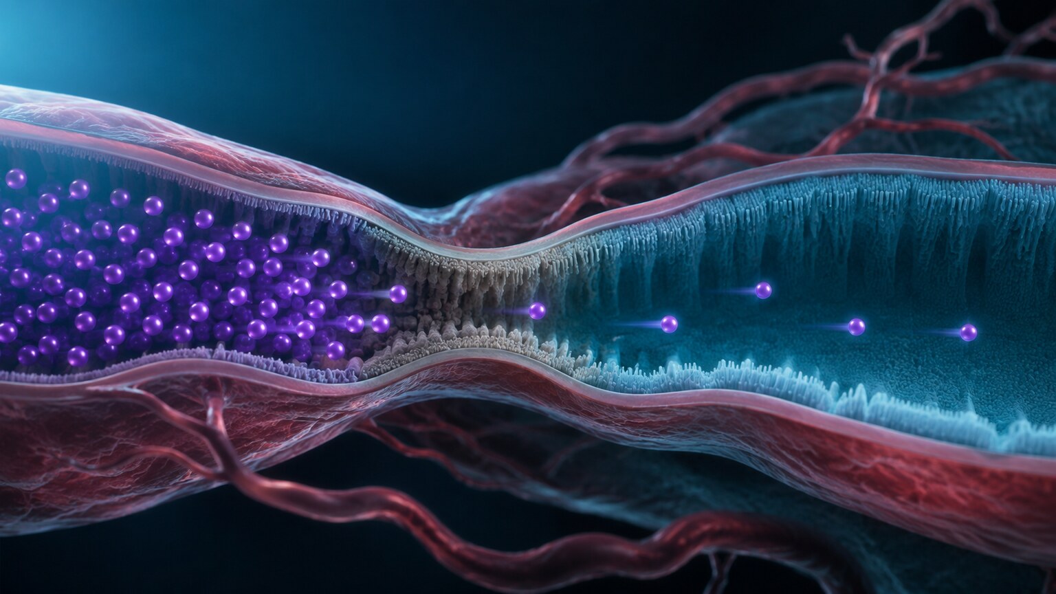Scientific illustration of a kidney tubule with reduced filtration capacity struggling to excrete potassium ions from the bloodstream