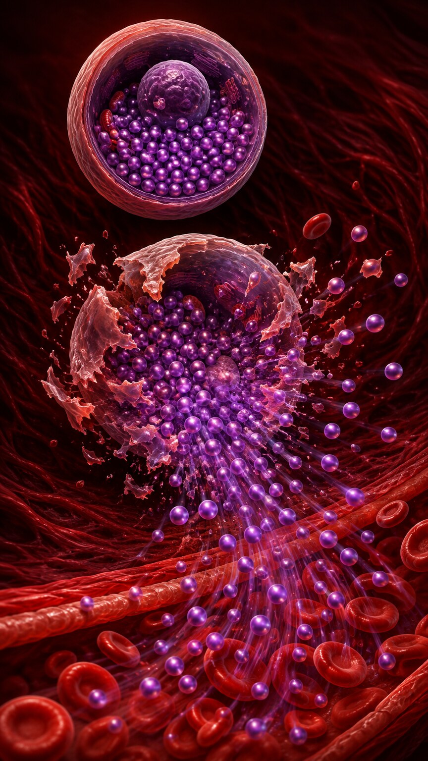 Scientific illustration of a ruptured cell releasing a dense cluster of internal potassium ions directly into the surrounding bloodstream