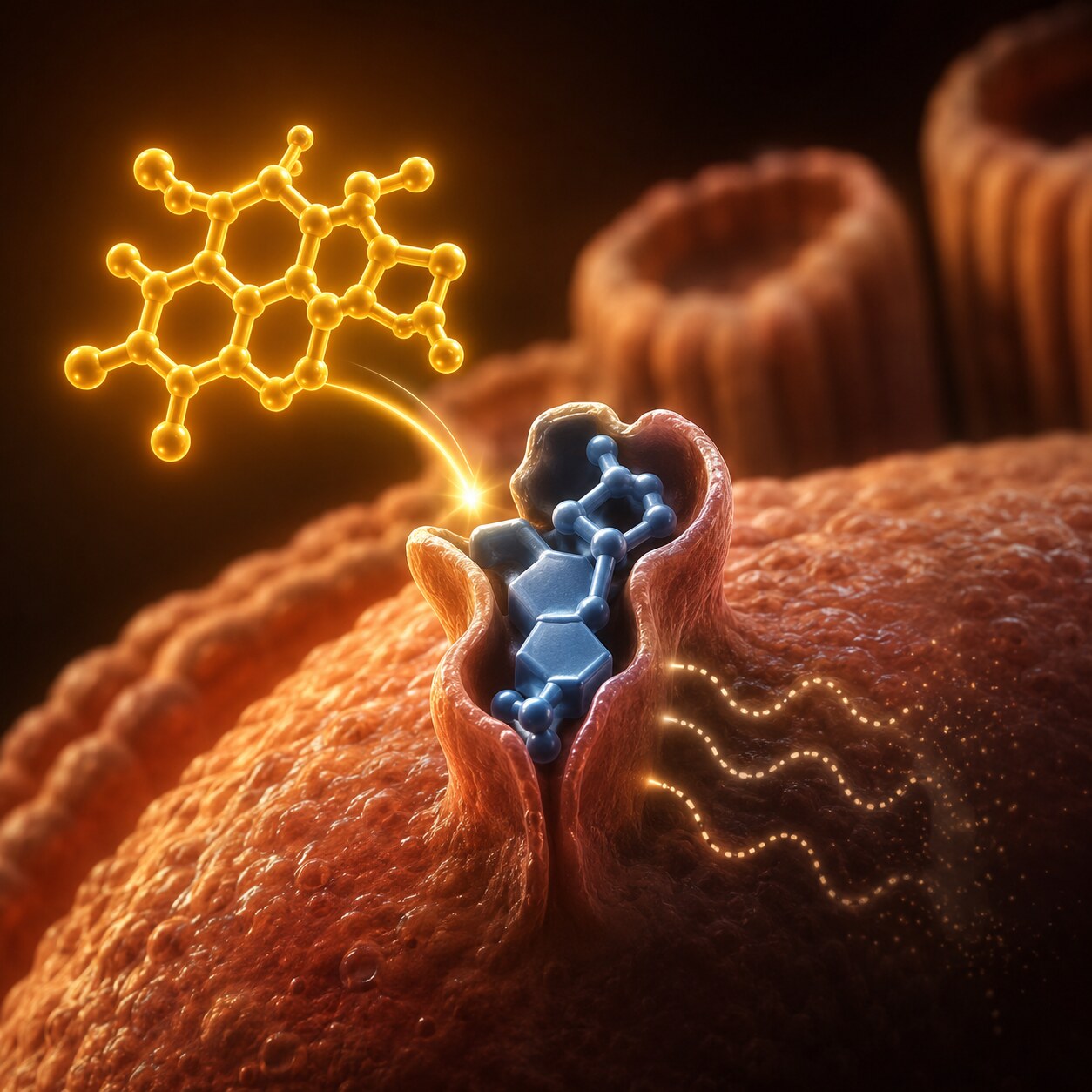 Scientific illustration of an ACE inhibitor medication molecule blocking the hormonal signal that normally triggers potassium excretion at the kidney tubule