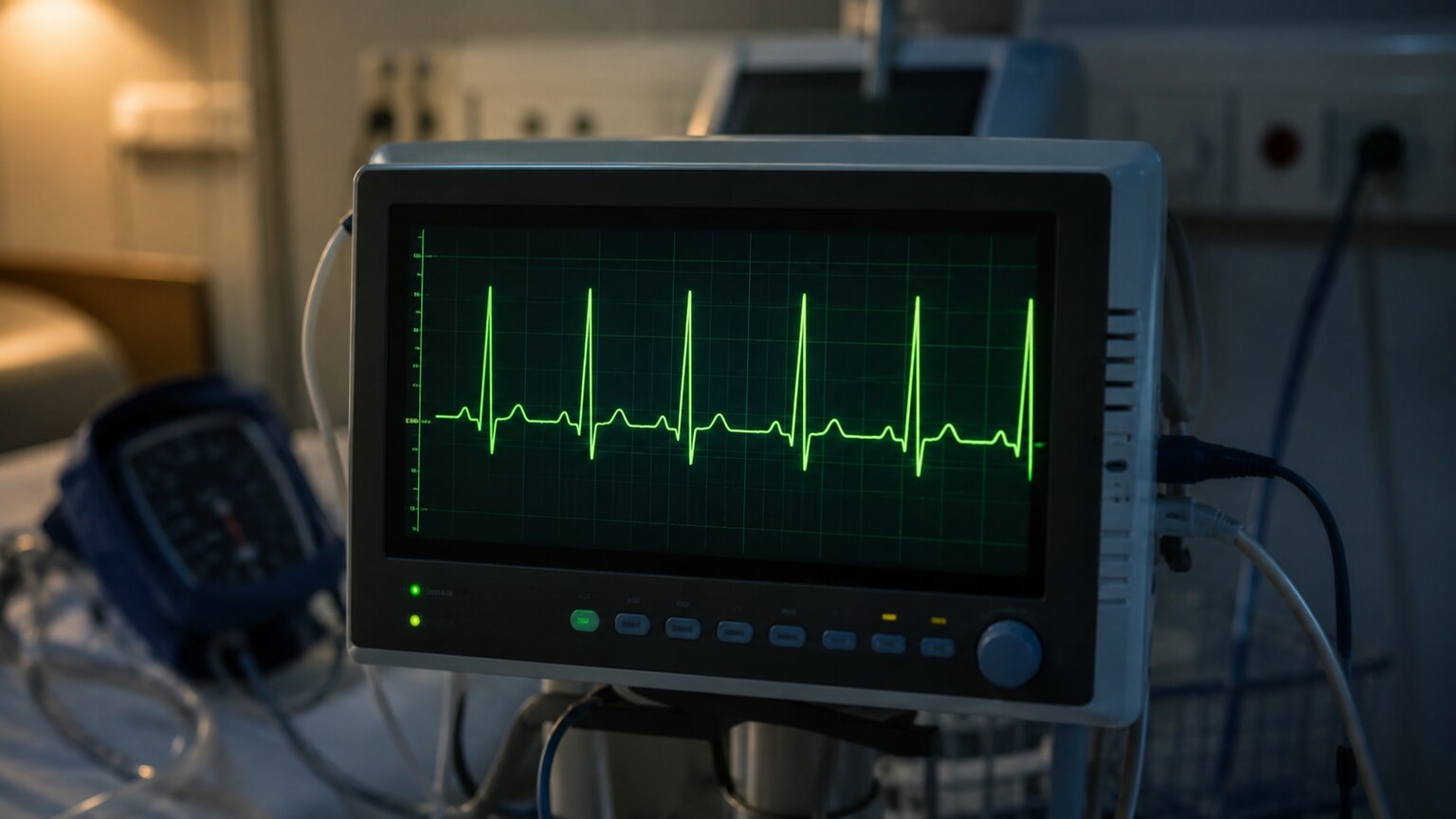 An ECG monitor screen displaying a heart rhythm strip with tall, peaked T-waves, a characteristic early sign of elevated blood potassium
