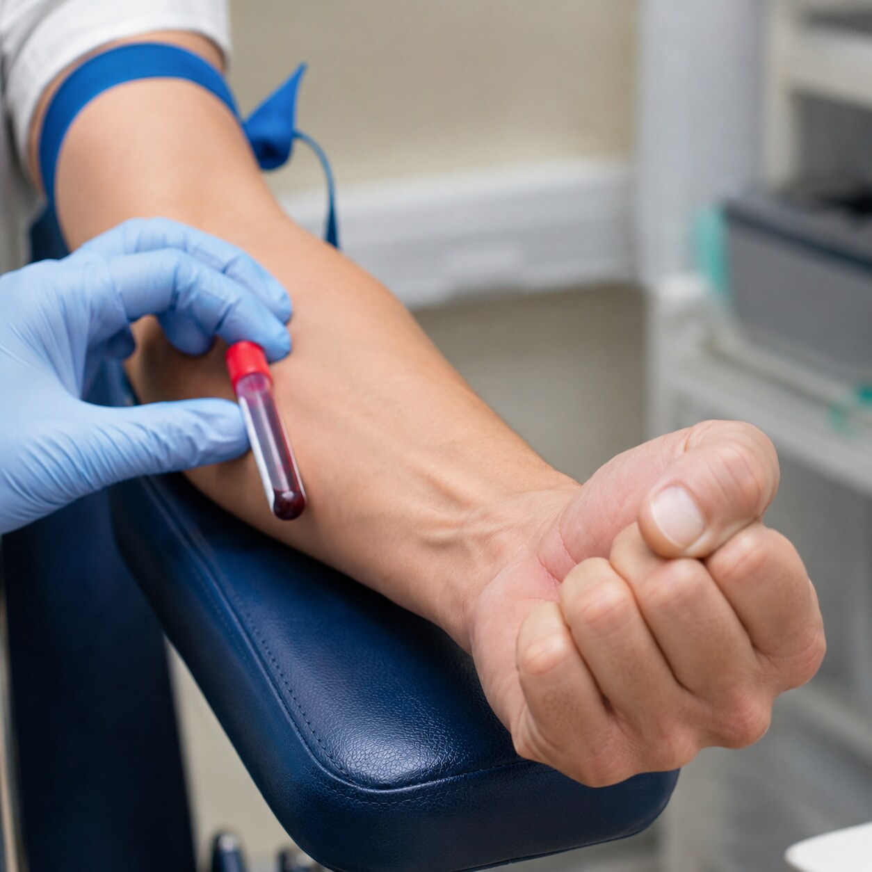 Close-up photograph of a hand clenched tightly during a blood draw, a common technical cause of a falsely elevated potassium result
