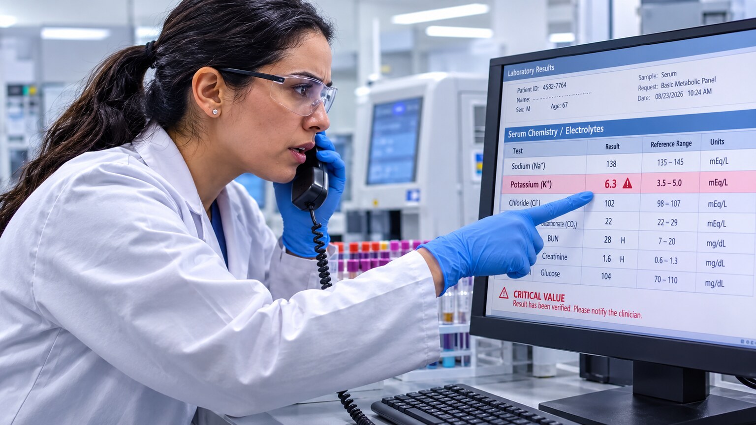 A laboratory technician on the phone urgently reporting a critically high potassium result to a physician's office