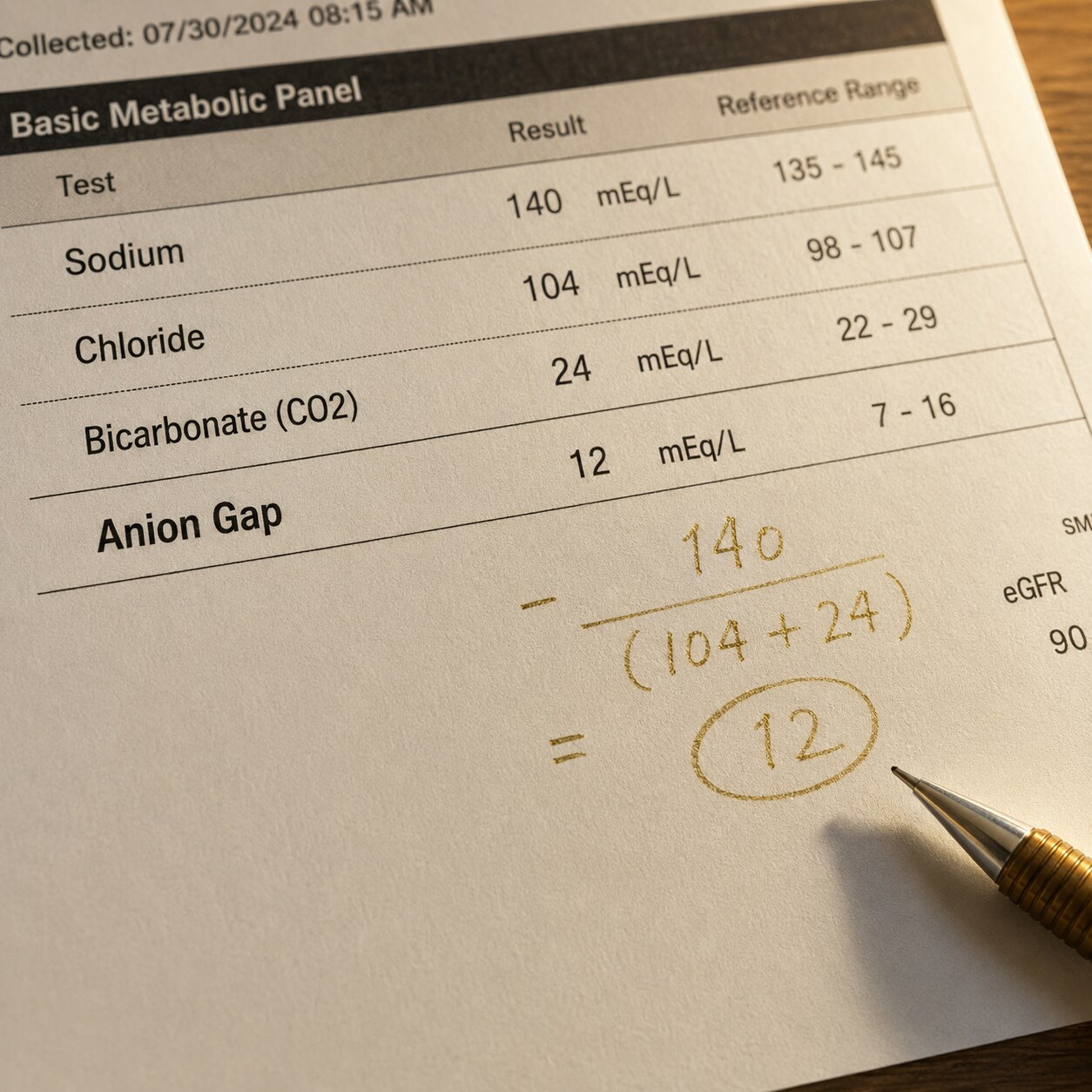 Close-up illustration of a laboratory ledger showing the anion gap subtraction formula with sodium, chloride, and bicarbonate values