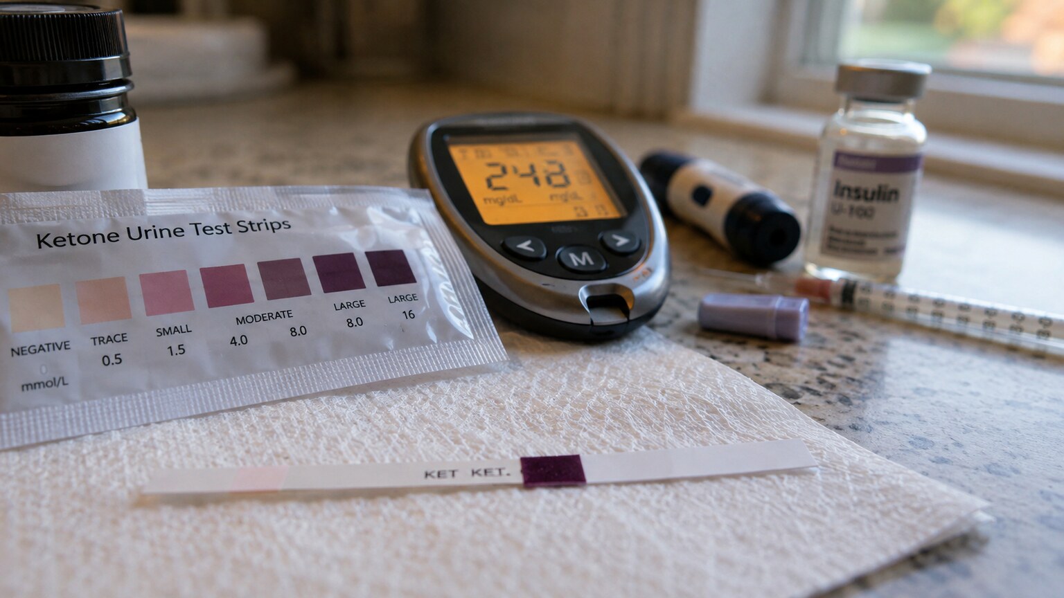 Close-up of a ketone urine test strip changing color on a kitchen counter next to a glucose meter