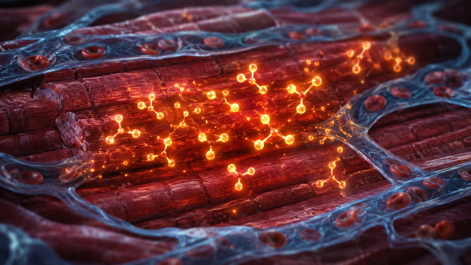 Scientific illustration of lactate molecules accumulating around oxygen-starved muscle tissue at the cellular level