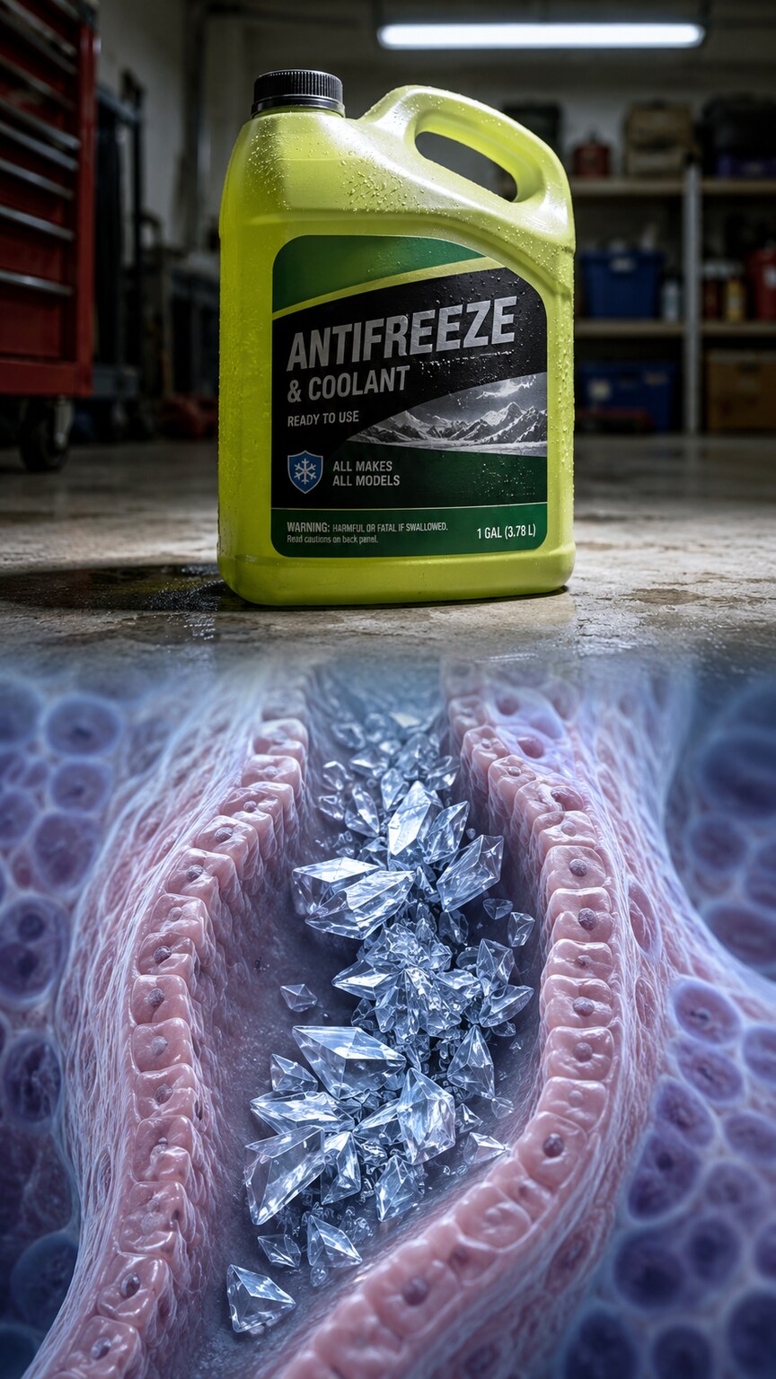 Illustration of ethylene glycol antifreeze breaking down into sharp oxalate crystals inside a kidney tubule