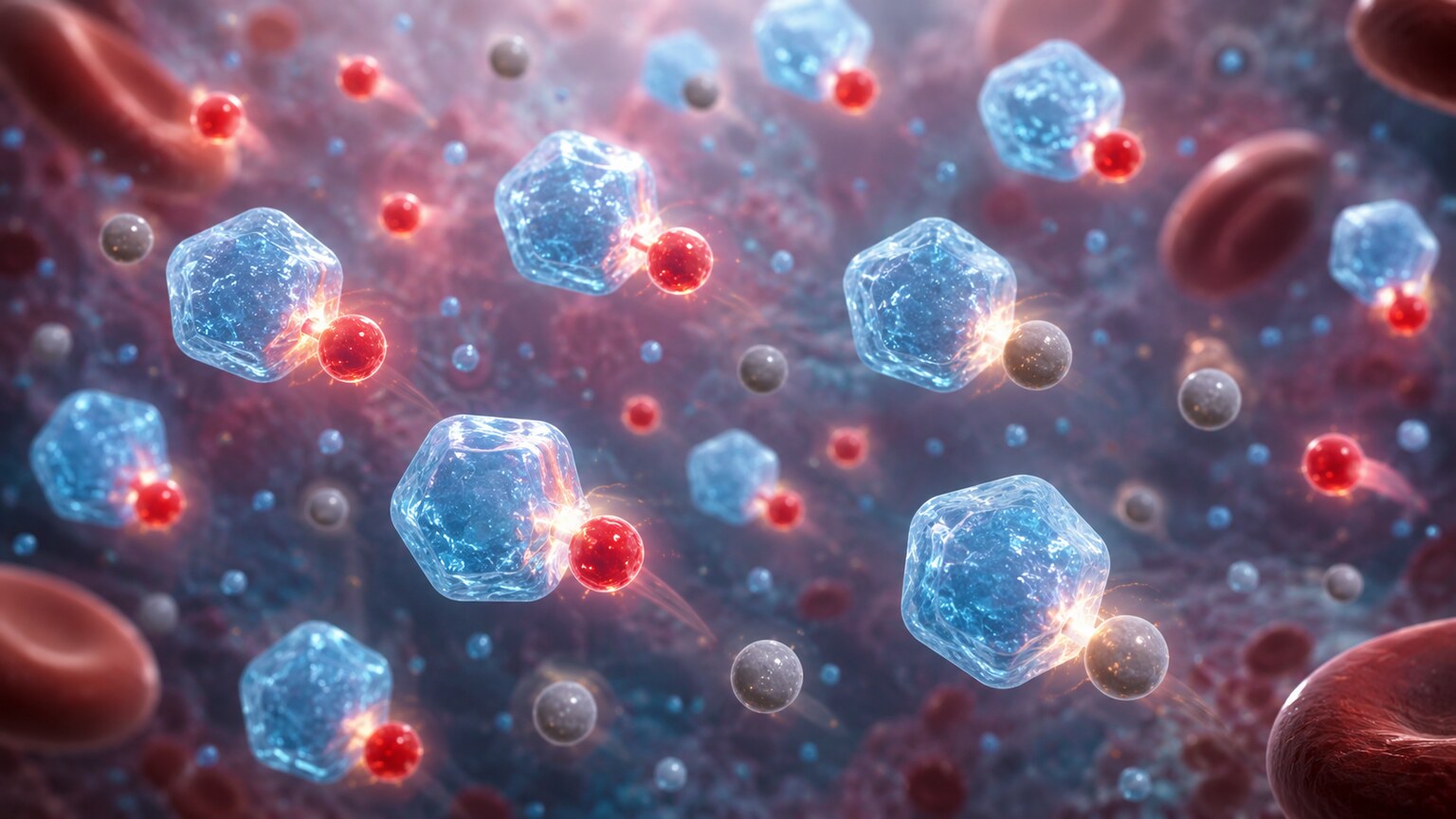 Scientific illustration of bicarbonate molecules neutralizing excess hydrogen ions to buffer blood acidity