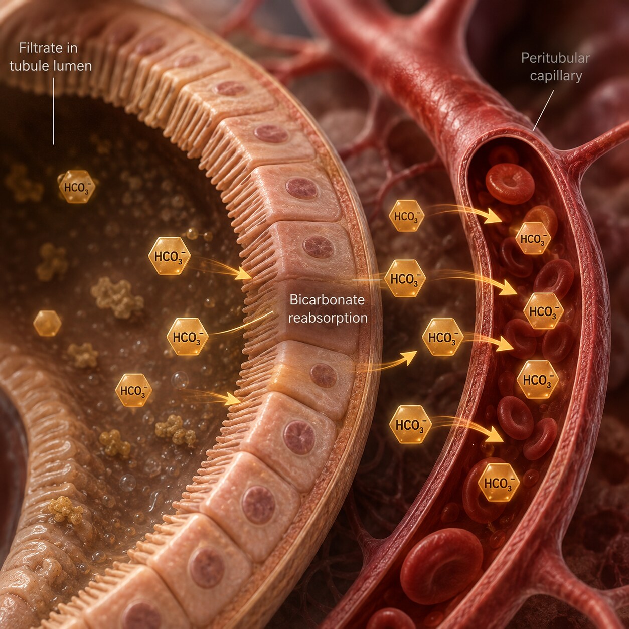 Cross-section scientific illustration of a kidney tubule actively reabsorbing bicarbonate ions back into the bloodstream