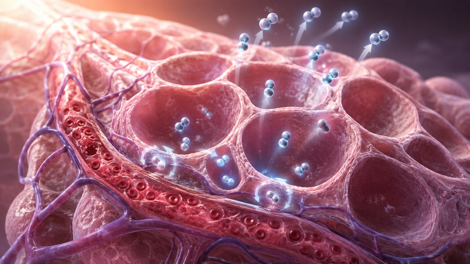 Scientific illustration of lung alveoli releasing carbon dioxide molecules during exhalation, showing the fast half of bicarbonate regulation