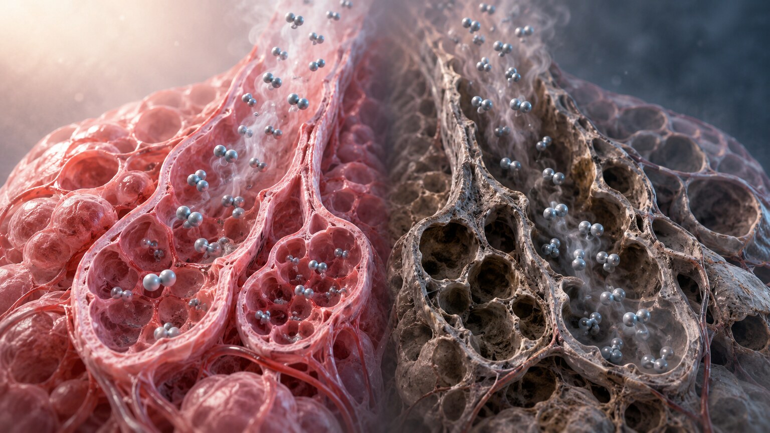 Scientific illustration comparing healthy lung tissue against damaged, less elastic lung tissue retaining excess carbon dioxide