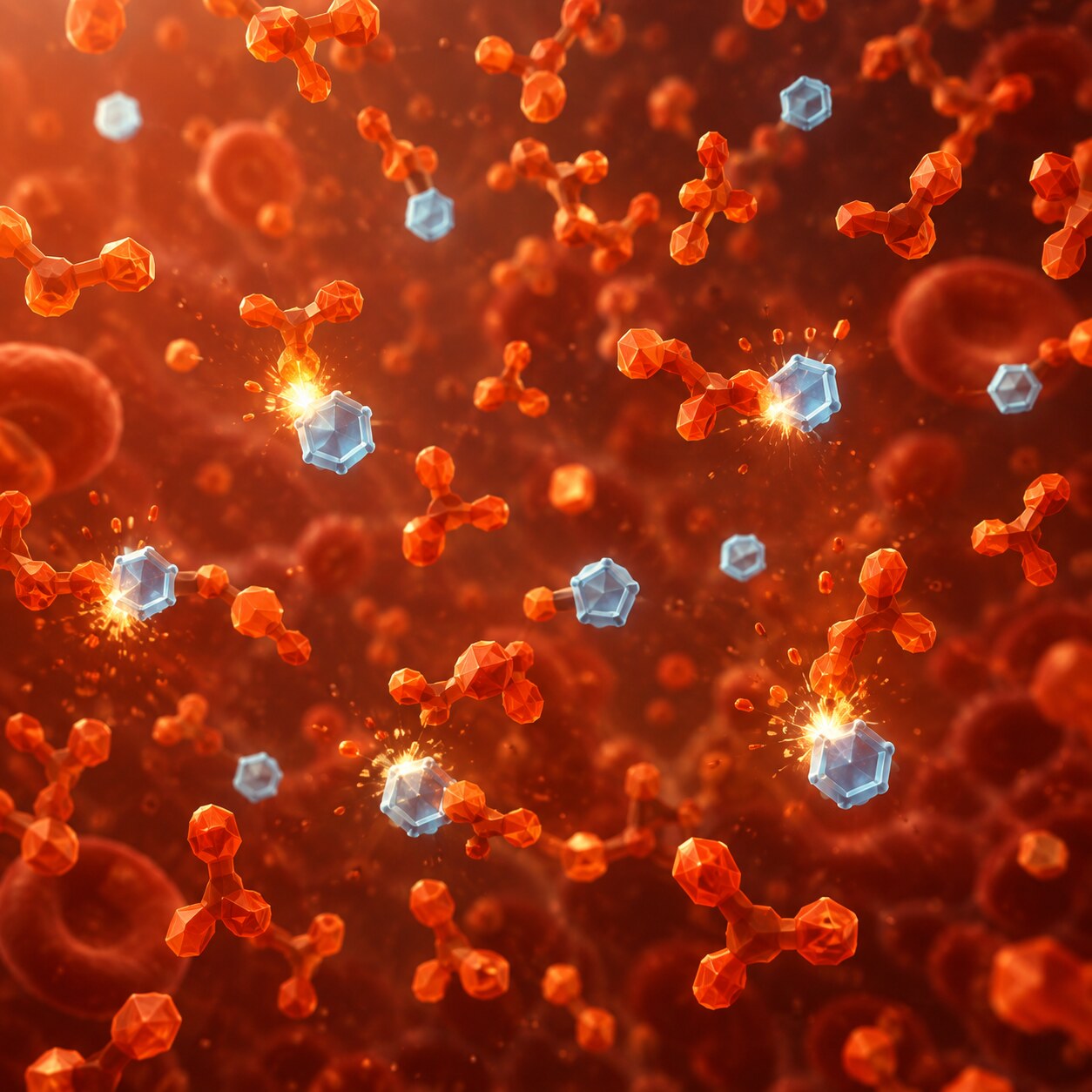 Scientific illustration of acidic ketone molecules being neutralized by and depleting the bloodstream's bicarbonate buffer supply
