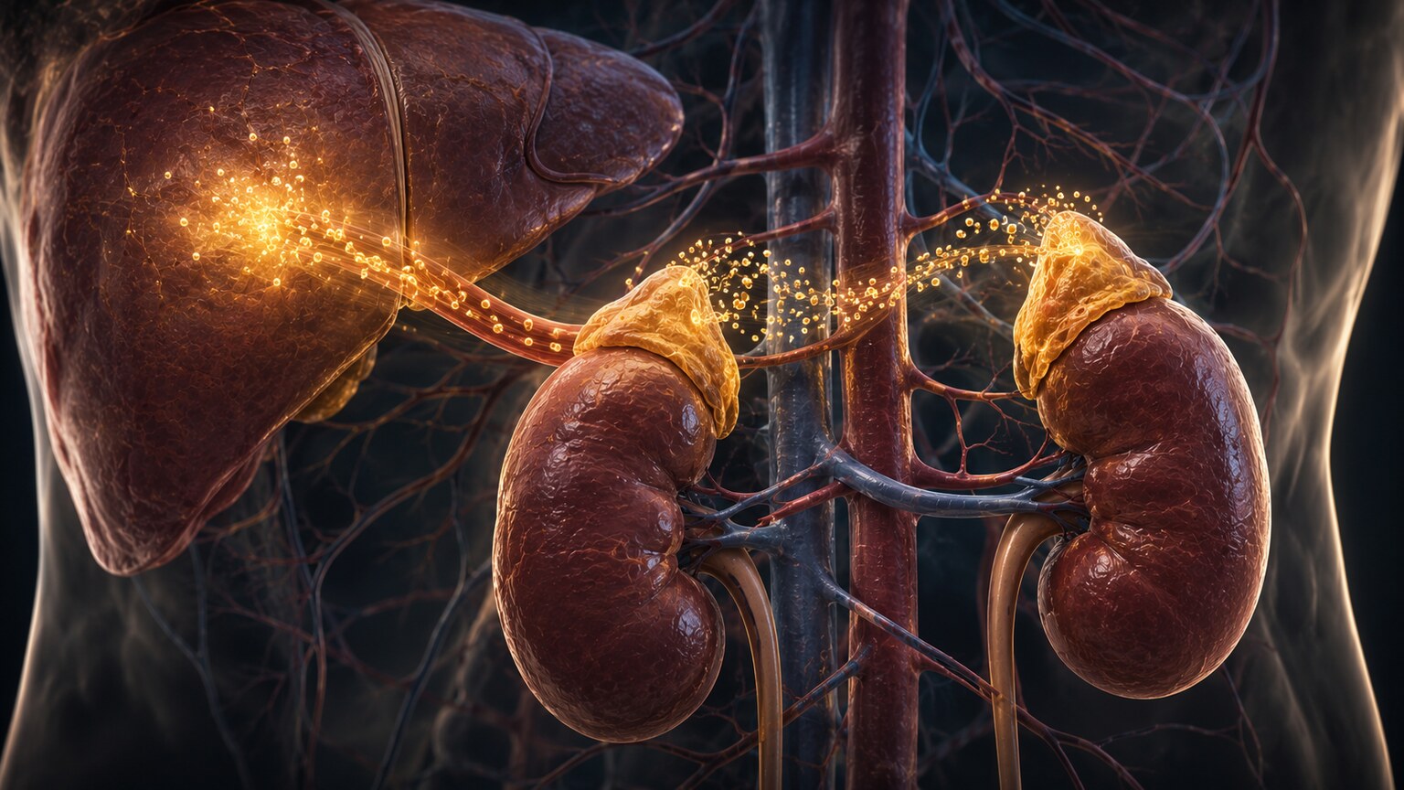 Scientific illustration of adrenal glands atop the kidneys releasing cortisol and adrenaline into the bloodstream toward the liver