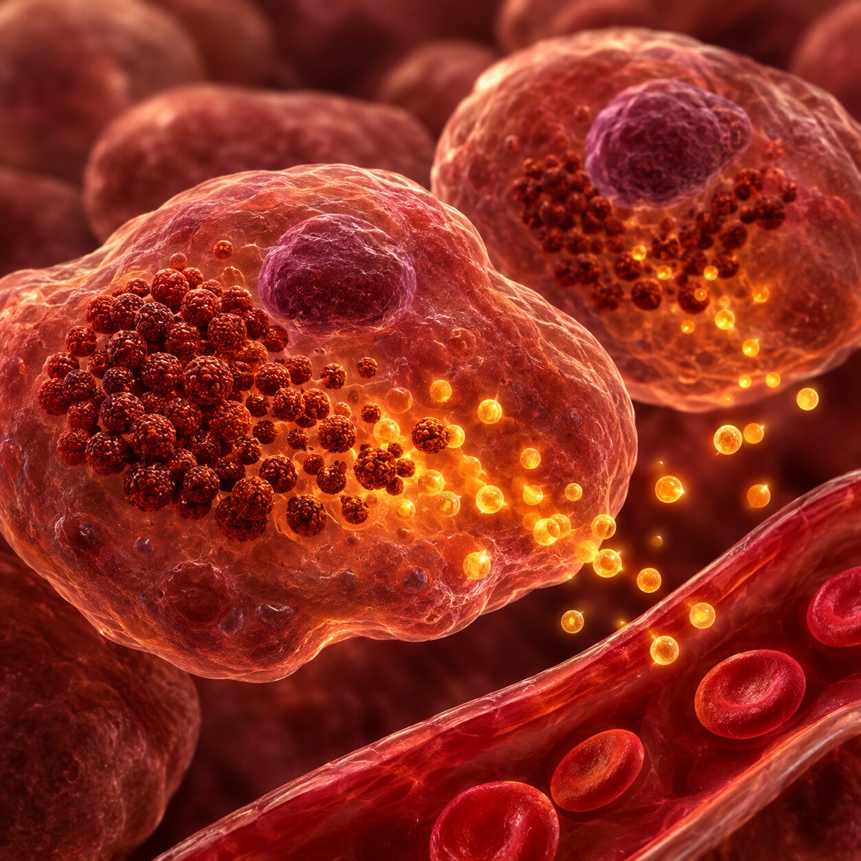 Cross-section illustration of liver cells breaking down stored glycogen granules into glucose molecules entering the bloodstream