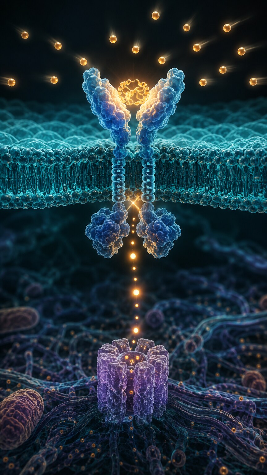 Molecular illustration of an insulin receptor and GLUT4 glucose transporter on a muscle cell membrane failing to open properly