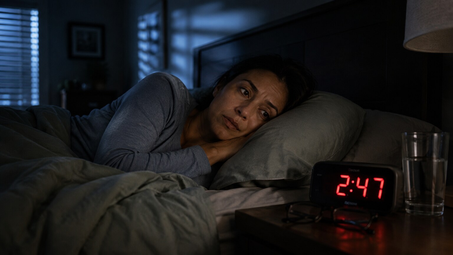 Person lying awake in bed at 2:47 AM staring at the ceiling with a lit alarm clock visible on the nightstand