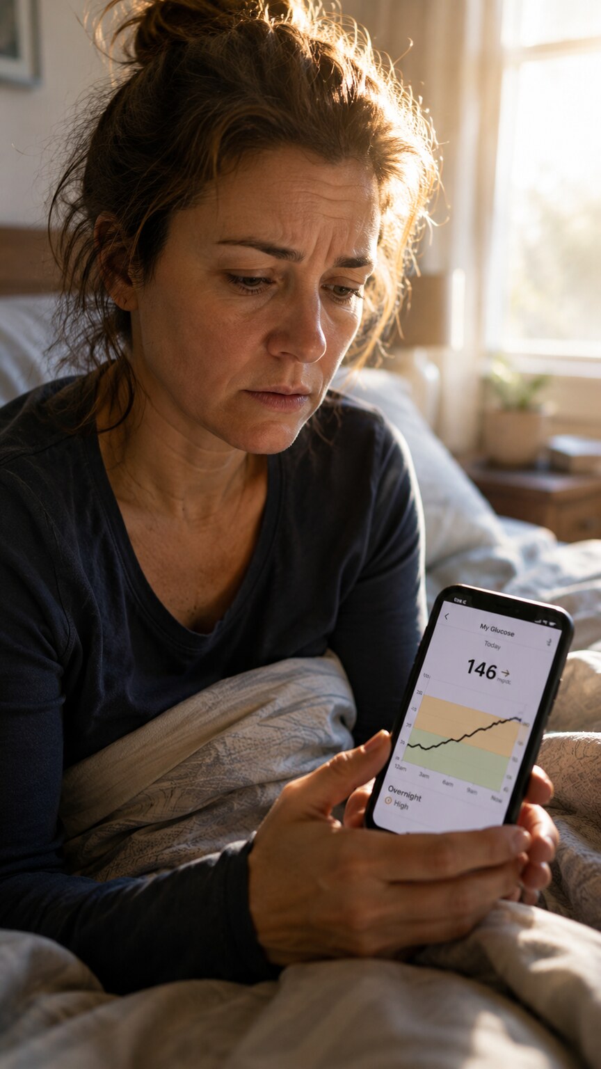 Groggy person in bed checking a continuous glucose monitor app on their phone showing an elevated overnight glucose trend line
