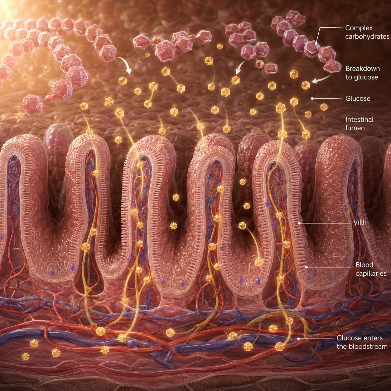 Scientific illustration of carbohydrate molecules breaking down and glucose being absorbed through the intestinal lining into the bloodstream