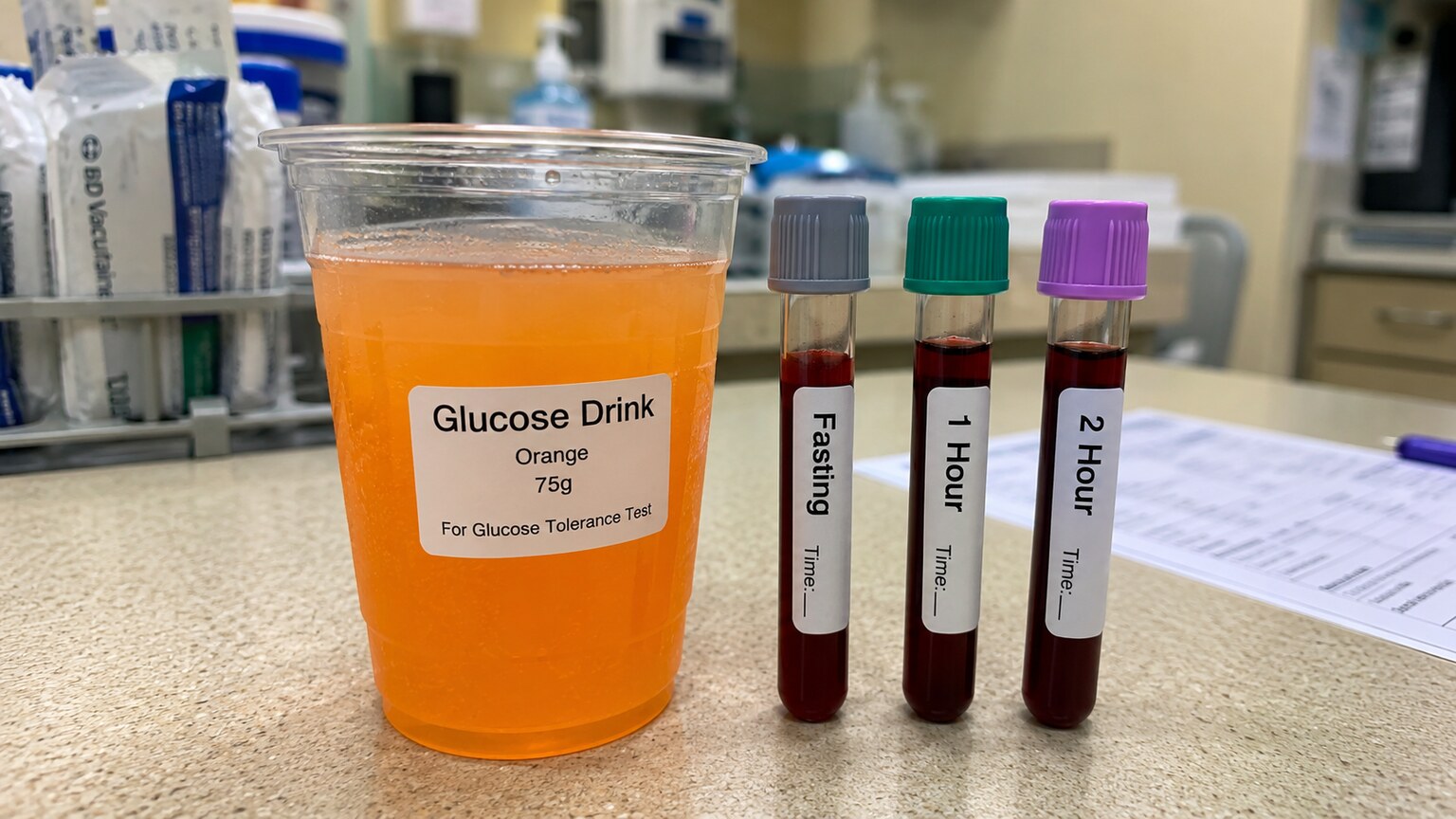 Standardized glucose drink beside timed blood draw tubes labeled at intervals, representing an oral glucose tolerance test