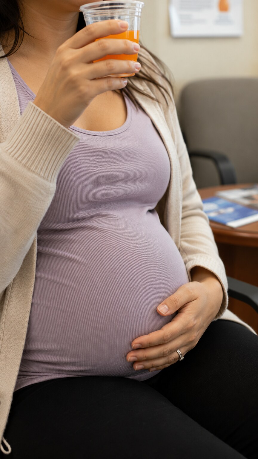 Pregnant woman drinking a standardized glucose solution during a routine gestational diabetes screening appointment