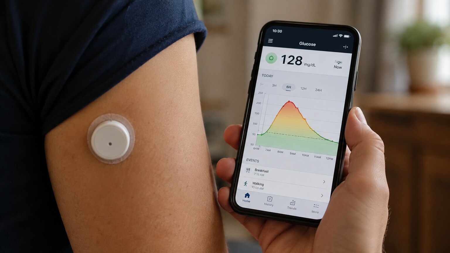 Close-up of a continuous glucose monitor sensor worn on the arm alongside a smartphone displaying a real-time postprandial glucose graph