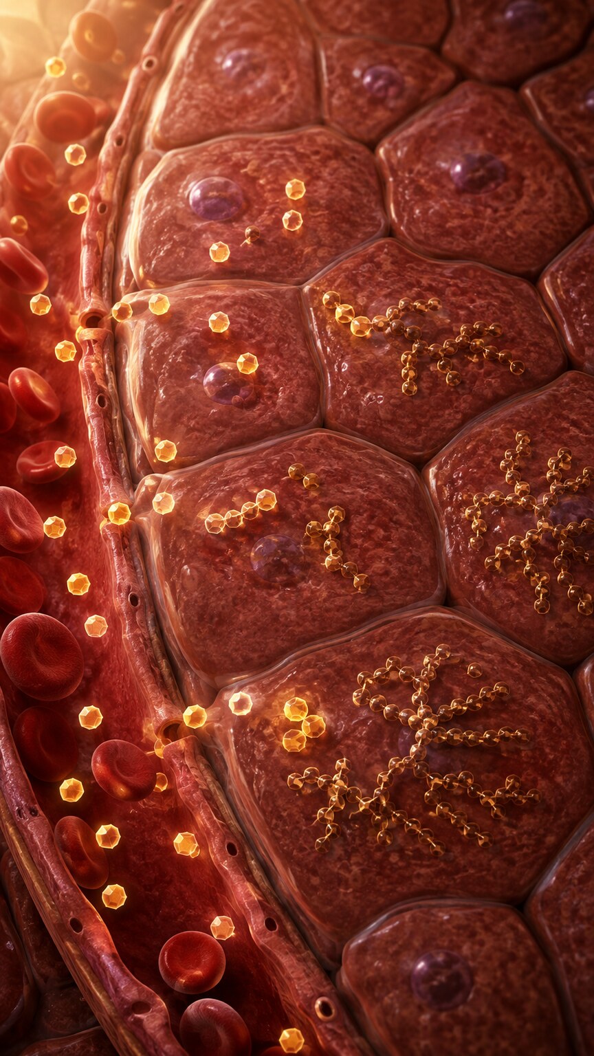 Scientific illustration of liver cells absorbing glucose from the bloodstream and converting it into stored glycogen after a meal