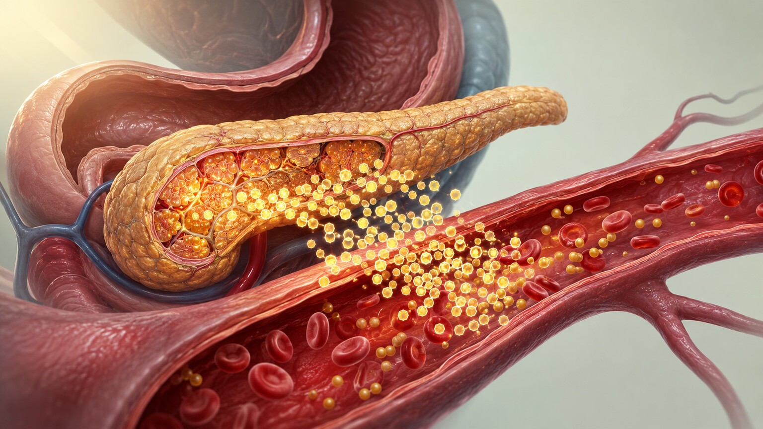Scientific illustration of the pancreas releasing a large insulin surge into the bloodstream after a meal