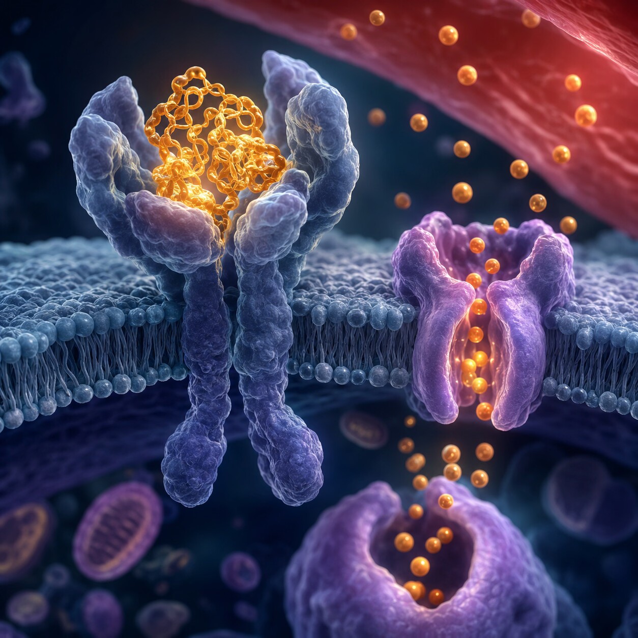 Close-up illustration of insulin binding to a cell receptor and opening a GLUT4 channel to pull glucose inside
