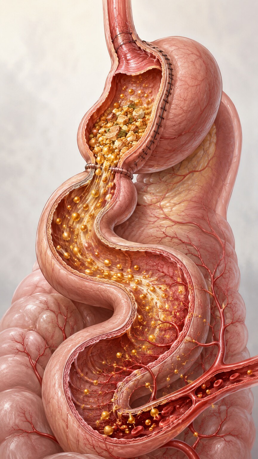 Medical illustration of a smaller post-bariatric stomach pouch emptying food rapidly into the small intestine