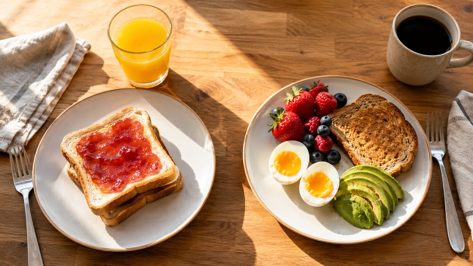 Side-by-side kitchen counter comparison of a plain white-bread pastry breakfast next to a balanced protein and fiber breakfast