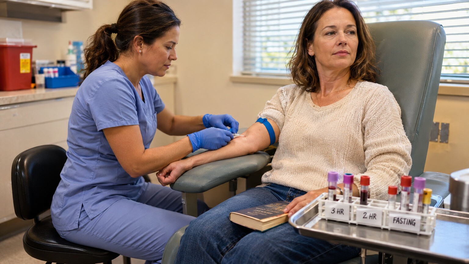 Phlebotomist drawing a blood sample at the three-hour mark of an extended oral glucose tolerance test, labeled tubes on a tray