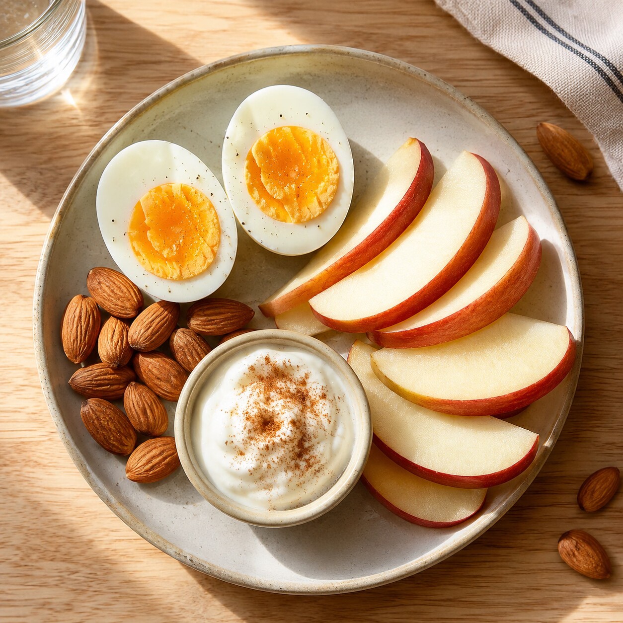 Overhead view of a snack plate with hard-boiled eggs, apple slices, almonds, and plain Greek yogurt on a kitchen counter