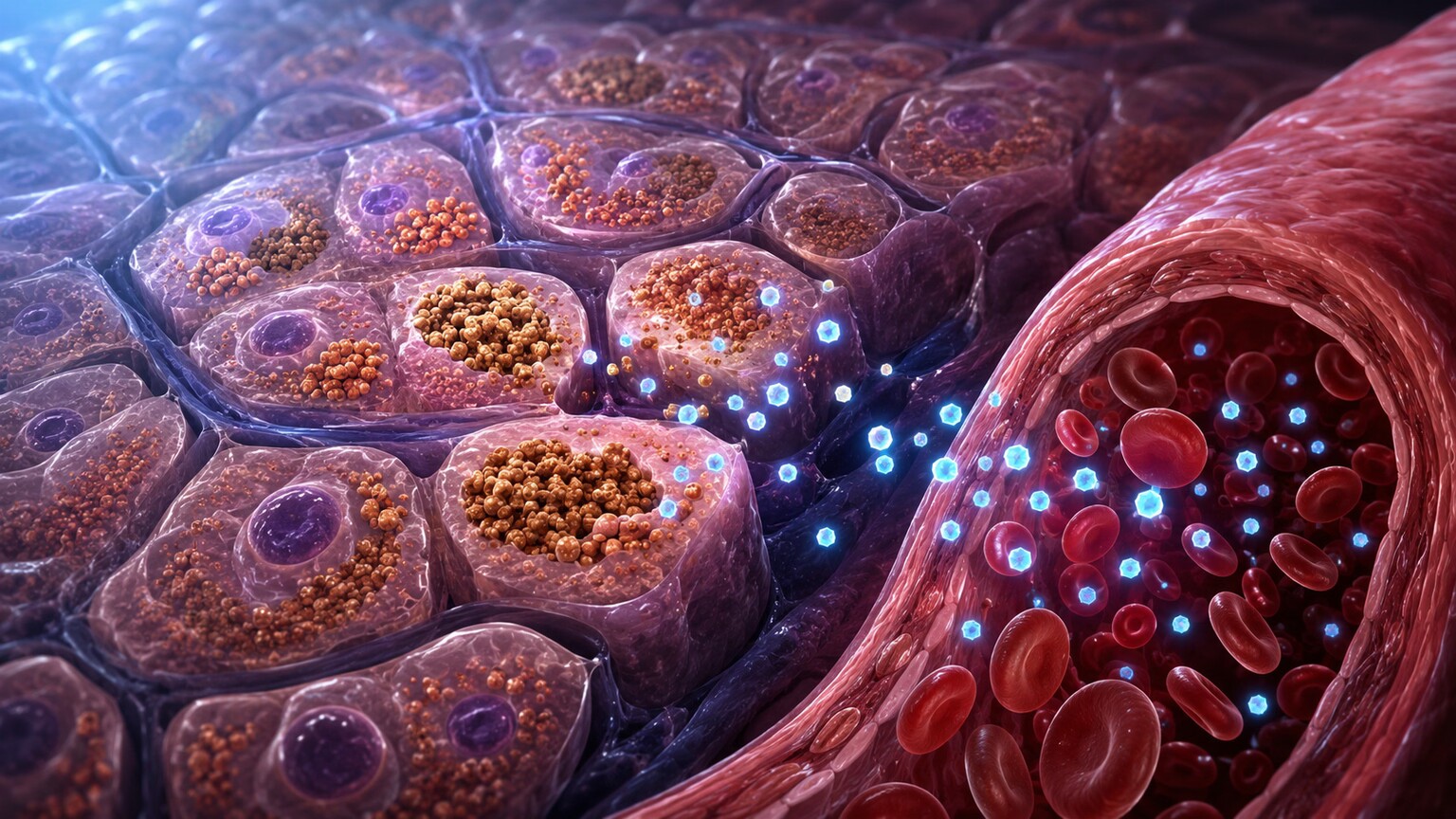 Scientific illustration of the liver manufacturing and releasing glucose into the bloodstream overnight during a fast