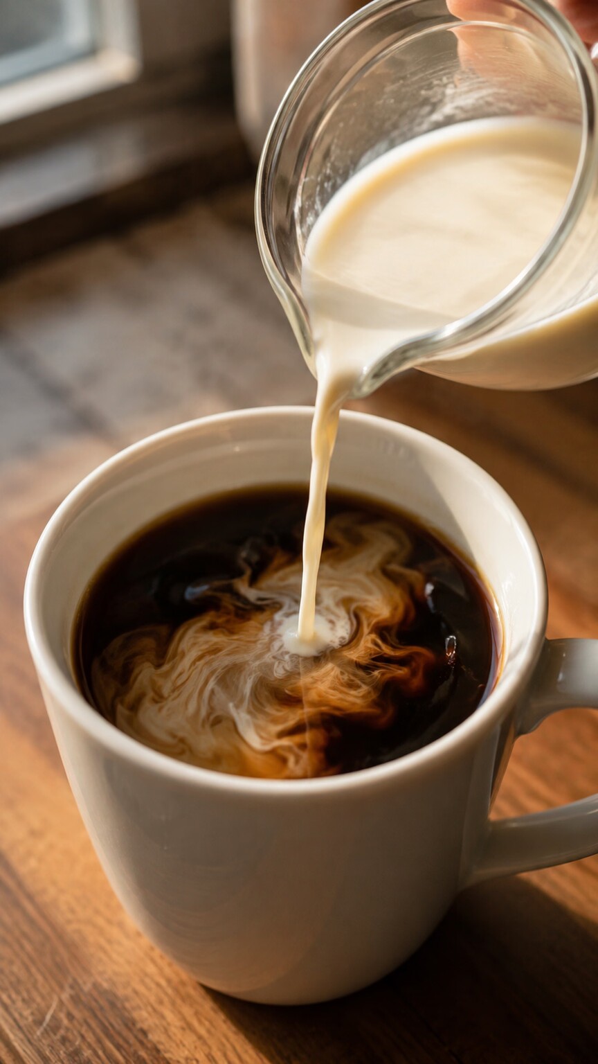 Close-up of cream being poured into a cup of morning coffee, an easily overlooked way a fast can technically be broken