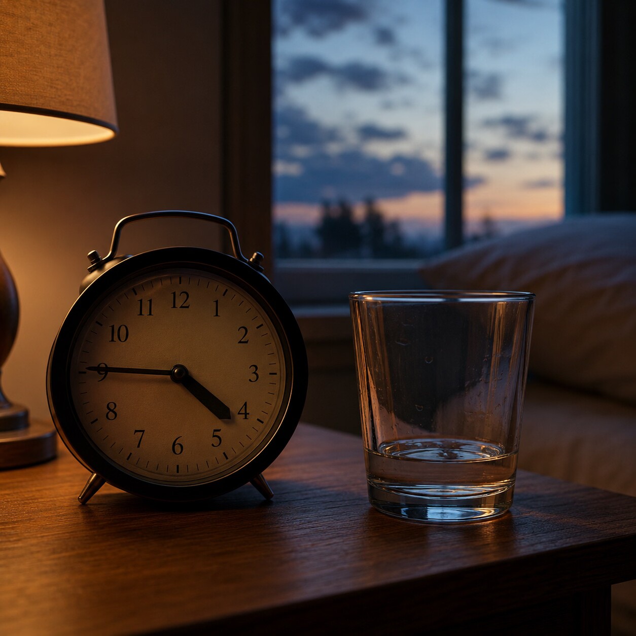 A bedside alarm clock reading past sunrise next to an empty water glass, illustrating a fasting window stretched longer than intended