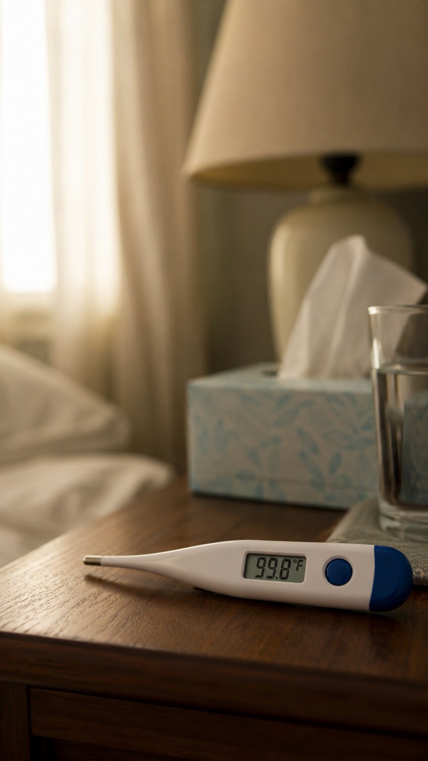 A digital thermometer showing a mild fever reading on a bedside table, illustrating how even a minor illness can temporarily raise fasting glucose