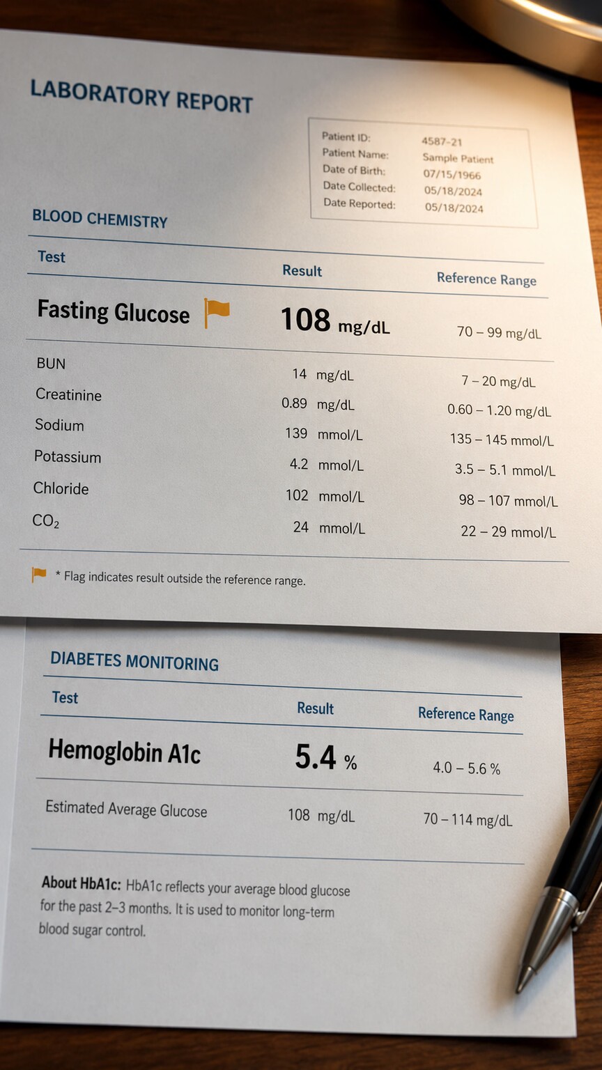 A printed lab report with a flagged fasting glucose value alongside a follow-up order for an HbA1c test to confirm the result over time