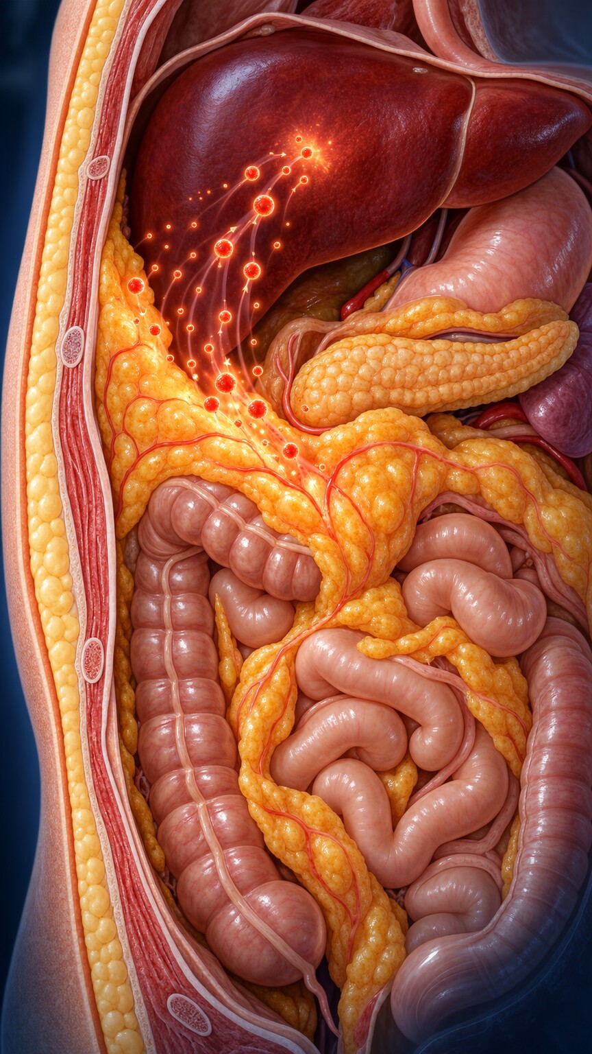 Cross-section illustration of visceral fat tissue surrounding abdominal organs releasing inflammatory signaling molecules into the bloodstream