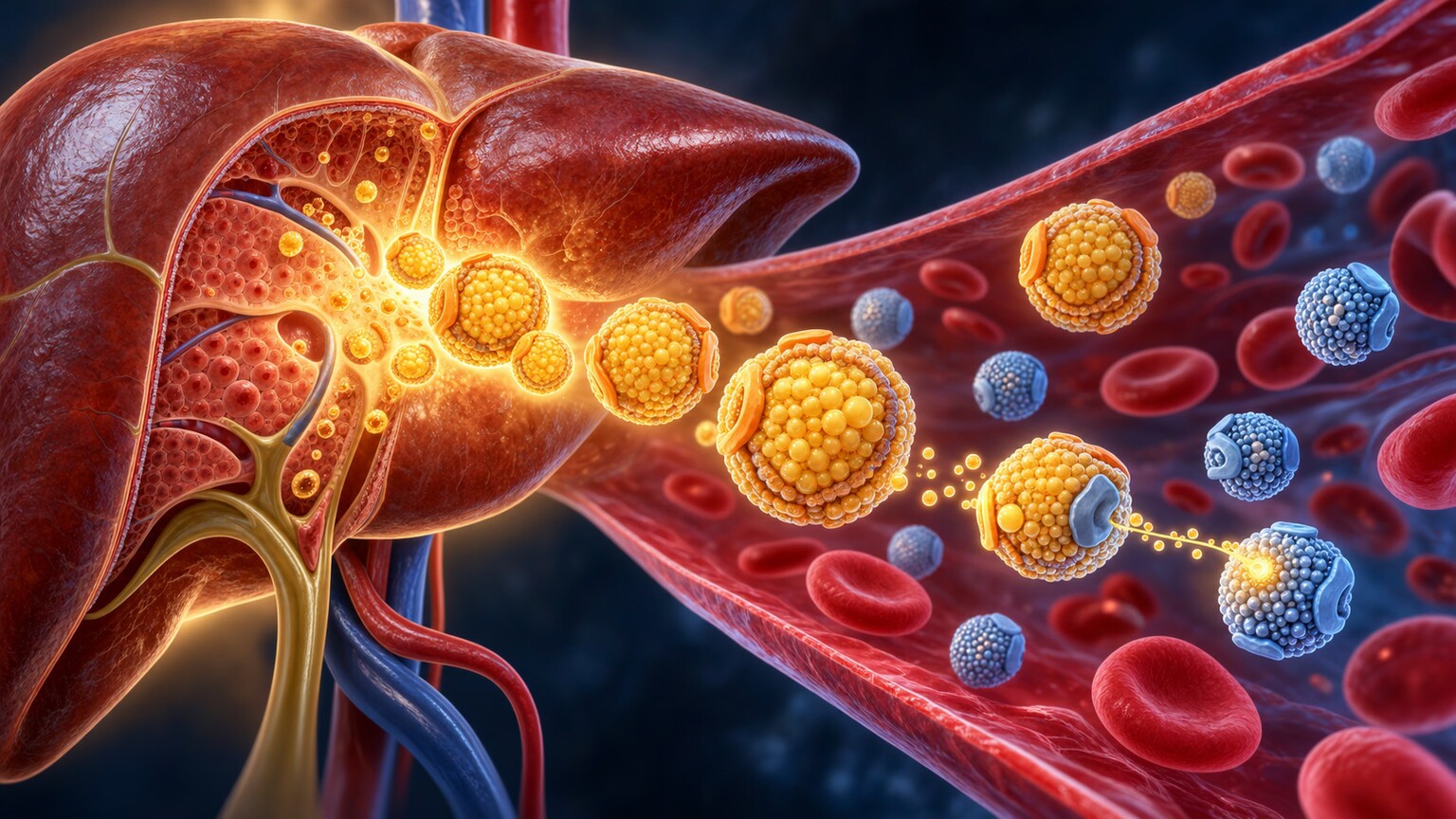 Illustration of the liver overproducing triglyceride-carrying VLDL particles and releasing them into the bloodstream