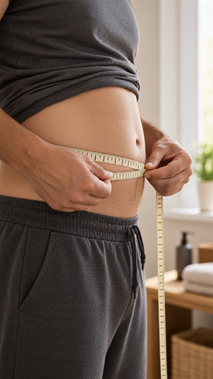 Illustration of a measuring tape wrapped around a midsection, marking the specific abdominal measurement point used to estimate visceral fat
