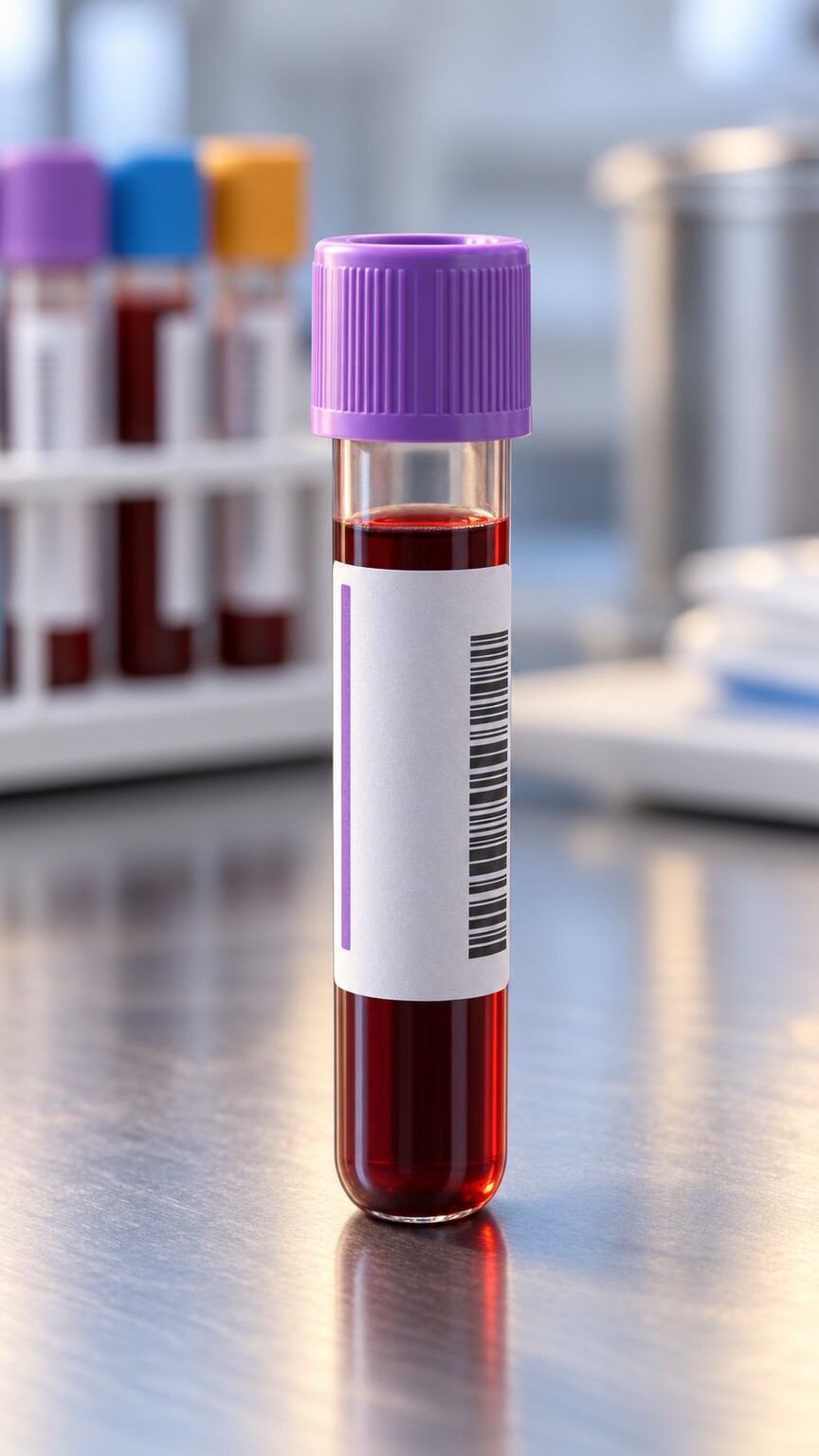Close-up of a labeled fasting insulin blood sample vial, representing direct testing of the root cause rather than its downstream effects