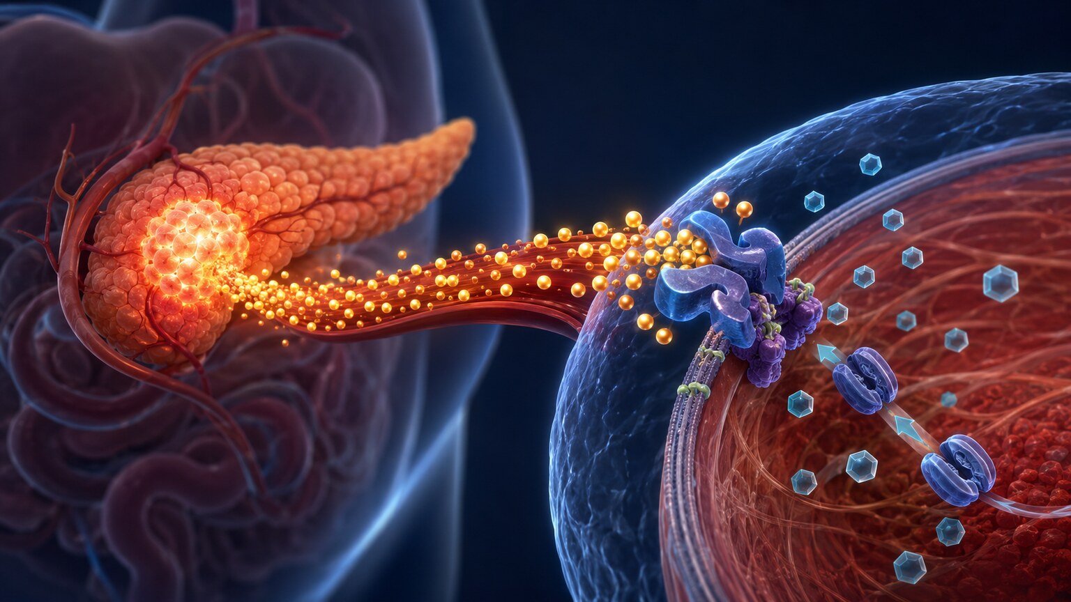 Scientific illustration of the pancreas releasing extra insulin toward a muscle cell with resistant glucose receptors
